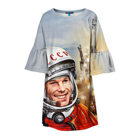 Детское платье 3D с принтом Гагарин 8 в Петрозаводске, 100% полиэстер | прямой силуэт, чуть расширенный к низу. Круглая горловина, на рукавах — воланы | 12 апреля | гагарин | день космонавтики | космонавт | космонавтика | космос | юра | юрий