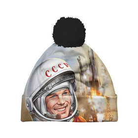 Шапка 3D c помпоном с принтом Гагарин 8 в Петрозаводске, 100% полиэстер | универсальный размер, печать по всей поверхности изделия | 12 апреля | гагарин | день космонавтики | космонавт | космонавтика | космос | юра | юрий