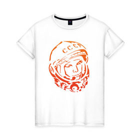 Женская футболка хлопок с принтом Гагарин 10 в Петрозаводске, 100% хлопок | прямой крой, круглый вырез горловины, длина до линии бедер, слегка спущенное плечо | 12 апреля | гагарин | день космонавтики | космонавт | космонавтика | космос | юра | юрий