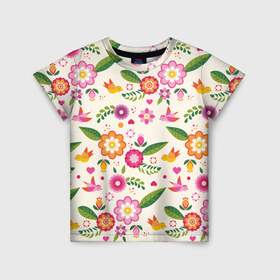 Детская футболка 3D с принтом Весенние настроение в Петрозаводске, 100% гипоаллергенный полиэфир | прямой крой, круглый вырез горловины, длина до линии бедер, чуть спущенное плечо, ткань немного тянется | весна | птицы | цветы