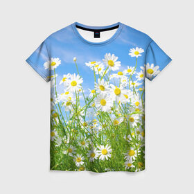 Женская футболка 3D с принтом Ромашки в Петрозаводске, 100% полиэфир ( синтетическое хлопкоподобное полотно) | прямой крой, круглый вырез горловины, длина до линии бедер | луг | цветы