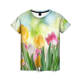 Женская футболка 3D с принтом Тюльпаны в Петрозаводске, 100% полиэфир ( синтетическое хлопкоподобное полотно) | прямой крой, круглый вырез горловины, длина до линии бедер | букет | цветы