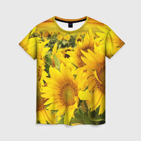 Женская футболка 3D с принтом Подсолнухи в Петрозаводске, 100% полиэфир ( синтетическое хлопкоподобное полотно) | прямой крой, круглый вырез горловины, длина до линии бедер | желтый | солнце | цветок | яркий