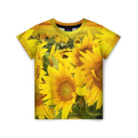 Детская футболка 3D с принтом Подсолнухи в Петрозаводске, 100% гипоаллергенный полиэфир | прямой крой, круглый вырез горловины, длина до линии бедер, чуть спущенное плечо, ткань немного тянется | Тематика изображения на принте: желтый | солнце | цветок | яркий