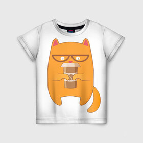 Детская футболка 3D с принтом Кот хипстер в Петрозаводске, 100% гипоаллергенный полиэфир | прямой крой, круглый вырез горловины, длина до линии бедер, чуть спущенное плечо, ткань немного тянется | арт | иллюстрация | кот | кофе | кофемания | пончик | хипстер