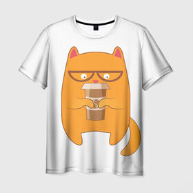 Мужская футболка 3D с принтом Кот хипстер в Петрозаводске, 100% полиэфир | прямой крой, круглый вырез горловины, длина до линии бедер | арт | иллюстрация | кот | кофе | кофемания | пончик | хипстер