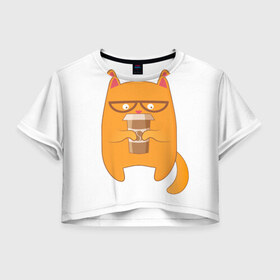 Женская футболка 3D укороченная с принтом Кот хипстер в Петрозаводске, 100% полиэстер | круглая горловина, длина футболки до линии талии, рукава с отворотами | арт | иллюстрация | кот | кофе | кофемания | пончик | хипстер
