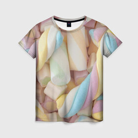 Женская футболка 3D с принтом Зефир в Петрозаводске, 100% полиэфир ( синтетическое хлопкоподобное полотно) | прямой крой, круглый вырез горловины, длина до линии бедер | candy | еда | зефир | конфеты | мармелад | сладкое