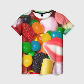 Женская футболка 3D с принтом Сладости в Петрозаводске, 100% полиэфир ( синтетическое хлопкоподобное полотно) | прямой крой, круглый вырез горловины, длина до линии бедер | candy | еда | конфеты | мармелад | сладкое