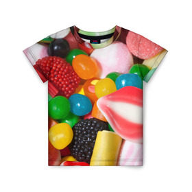 Детская футболка 3D с принтом Сладости в Петрозаводске, 100% гипоаллергенный полиэфир | прямой крой, круглый вырез горловины, длина до линии бедер, чуть спущенное плечо, ткань немного тянется | candy | еда | конфеты | мармелад | сладкое