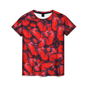 Женская футболка 3D с принтом Бабочки в Петрозаводске, 100% полиэфир ( синтетическое хлопкоподобное полотно) | прямой крой, круглый вырез горловины, длина до линии бедер | красная