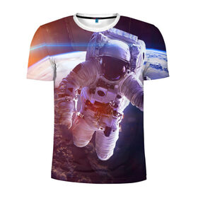 Мужская футболка 3D спортивная с принтом Космонавт в Петрозаводске, 100% полиэстер с улучшенными характеристиками | приталенный силуэт, круглая горловина, широкие плечи, сужается к линии бедра | галактика | звезды | земля | космонавт | космос