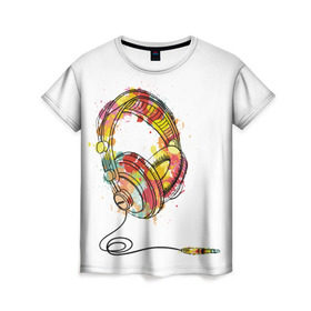 Женская футболка 3D с принтом Красочные наушники в Петрозаводске, 100% полиэфир ( синтетическое хлопкоподобное полотно) | прямой крой, круглый вырез горловины, длина до линии бедер | dj | музыка | наушники