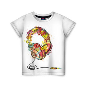 Детская футболка 3D с принтом Красочные наушники в Петрозаводске, 100% гипоаллергенный полиэфир | прямой крой, круглый вырез горловины, длина до линии бедер, чуть спущенное плечо, ткань немного тянется | dj | музыка | наушники
