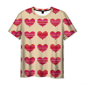Мужская футболка 3D с принтом Шерстяные сердечки в Петрозаводске, 100% полиэфир | прямой крой, круглый вырез горловины, длина до линии бедер | Тематика изображения на принте: вязание | вязаный | паттерн | текстура | узор
