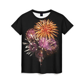 Женская футболка 3D с принтом Фейерверк в Петрозаводске, 100% полиэфир ( синтетическое хлопкоподобное полотно) | прямой крой, круглый вырез горловины, длина до линии бедер | взрыв | грохот | красота | огни | праздник | салют | фейерверк | шум