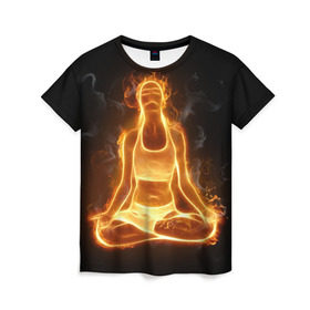 Женская футболка 3D с принтом Пламенная медитация в Петрозаводске, 100% полиэфир ( синтетическое хлопкоподобное полотно) | прямой крой, круглый вырез горловины, длина до линии бедер | аштанга | здоровье | зож | йога | кундалини | лотос | медитация | огонь | пламя | силуэт | спорт | страсть | тонус
