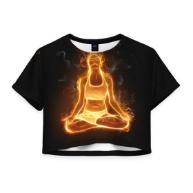 Женская футболка 3D укороченная с принтом Пламенная медитация в Петрозаводске, 100% полиэстер | круглая горловина, длина футболки до линии талии, рукава с отворотами | аштанга | здоровье | зож | йога | кундалини | лотос | медитация | огонь | пламя | силуэт | спорт | страсть | тонус