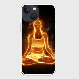 Чехол для iPhone 13 mini с принтом Пламенная медитация в Петрозаводске,  |  | аштанга | здоровье | зож | йога | кундалини | лотос | медитация | огонь | пламя | силуэт | спорт | страсть | тонус