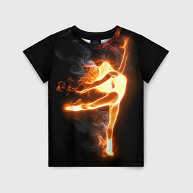 Детская футболка 3D с принтом Фитнес в Петрозаводске, 100% гипоаллергенный полиэфир | прямой крой, круглый вырез горловины, длина до линии бедер, чуть спущенное плечо, ткань немного тянется | грация | здоровье | зож | огонь | пламя | силуэт | спорт | страсть | танец | тонус | фитнес