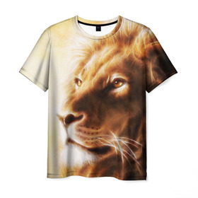 Мужская футболка 3D с принтом Лев в Петрозаводске, 100% полиэфир | прямой крой, круглый вырез горловины, длина до линии бедер | власть | джунгли | кошка | лев | мощь | отвага | сила | хищник | храбрость | царь зверей