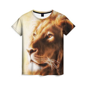 Женская футболка 3D с принтом Лев в Петрозаводске, 100% полиэфир ( синтетическое хлопкоподобное полотно) | прямой крой, круглый вырез горловины, длина до линии бедер | власть | джунгли | кошка | лев | мощь | отвага | сила | хищник | храбрость | царь зверей