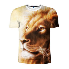 Мужская футболка 3D спортивная с принтом Лев в Петрозаводске, 100% полиэстер с улучшенными характеристиками | приталенный силуэт, круглая горловина, широкие плечи, сужается к линии бедра | власть | джунгли | кошка | лев | мощь | отвага | сила | хищник | храбрость | царь зверей