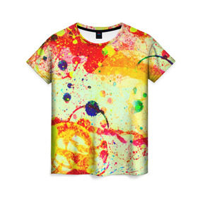 Женская футболка 3D с принтом Брызги красок в Петрозаводске, 100% полиэфир ( синтетическое хлопкоподобное полотно) | прямой крой, круглый вырез горловины, длина до линии бедер | цветные