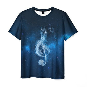 Мужская футболка 3D с принтом Космическая музыка в Петрозаводске, 100% полиэфир | прямой крой, круглый вырез горловины, длина до линии бедер | звезды | ноты | скрипичный ключ