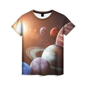 Женская футболка 3D с принтом Планеты солнечной системы в Петрозаводске, 100% полиэфир ( синтетическое хлопкоподобное полотно) | прямой крой, круглый вырез горловины, длина до линии бедер | венера | звезды | земля | космос | марс | меркурий | сатурн | солнце | уран | юпитер