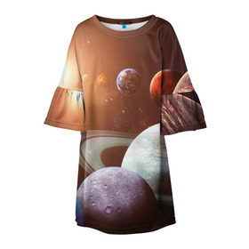 Детское платье 3D с принтом Планеты солнечной системы в Петрозаводске, 100% полиэстер | прямой силуэт, чуть расширенный к низу. Круглая горловина, на рукавах — воланы | венера | звезды | земля | космос | марс | меркурий | сатурн | солнце | уран | юпитер