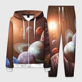 Мужской костюм 3D с принтом Планеты солнечной системы в Петрозаводске, 100% полиэстер | Манжеты и пояс оформлены тканевой резинкой, двухслойный капюшон со шнурком для регулировки, карманы спереди | Тематика изображения на принте: венера | звезды | земля | космос | марс | меркурий | сатурн | солнце | уран | юпитер
