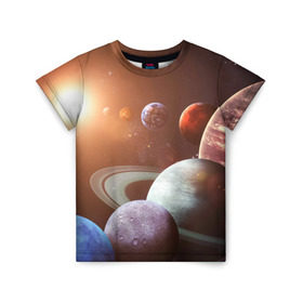 Детская футболка 3D с принтом Планеты солнечной системы в Петрозаводске, 100% гипоаллергенный полиэфир | прямой крой, круглый вырез горловины, длина до линии бедер, чуть спущенное плечо, ткань немного тянется | Тематика изображения на принте: венера | звезды | земля | космос | марс | меркурий | сатурн | солнце | уран | юпитер