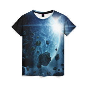 Женская футболка 3D с принтом Холодный космос в Петрозаводске, 100% полиэфир ( синтетическое хлопкоподобное полотно) | прямой крой, круглый вырез горловины, длина до линии бедер | вселенная | галактика | звезды | планеты | туманность