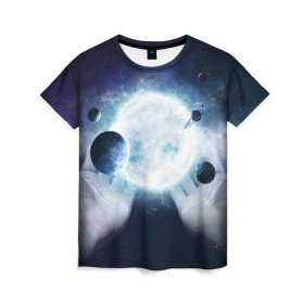 Женская футболка 3D с принтом Солнечная система на ладонях в Петрозаводске, 100% полиэфир ( синтетическое хлопкоподобное полотно) | прямой крой, круглый вырез горловины, длина до линии бедер | вселенная | галактика | звезды | планеты | солнце | туманность