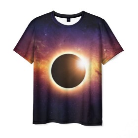 Мужская футболка 3D с принтом Солнечное затмение в Петрозаводске, 100% полиэфир | прямой крой, круглый вырез горловины, длина до линии бедер | галактика | звёзды | земля | космос | мгла | млечный путь | ночь | орбита | солнечная система | солнечное затмение | солнце | тьма