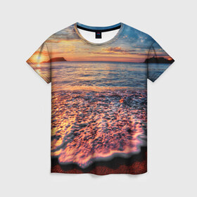 Женская футболка 3D с принтом Sunset в Петрозаводске, 100% полиэфир ( синтетическое хлопкоподобное полотно) | прямой крой, круглый вырез горловины, длина до линии бедер | закат | море | океан | пена | песок | пляж | прибой | прилив | рассвет