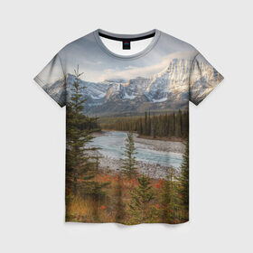 Женская футболка 3D с принтом Осень в горах в Петрозаводске, 100% полиэфир ( синтетическое хлопкоподобное полотно) | прямой крой, круглый вырез горловины, длина до линии бедер | Тематика изображения на принте: горы | лес | осень | пейзаж