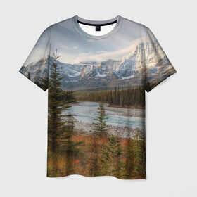Мужская футболка 3D с принтом Осень в горах в Петрозаводске, 100% полиэфир | прямой крой, круглый вырез горловины, длина до линии бедер | Тематика изображения на принте: горы | лес | осень | пейзаж
