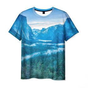 Мужская футболка 3D с принтом Горный пейзаж в Петрозаводске, 100% полиэфир | прямой крой, круглый вырез горловины, длина до линии бедер | горный хребет | горы | каньон | лес | пейзаж | речка | туман | ущелье