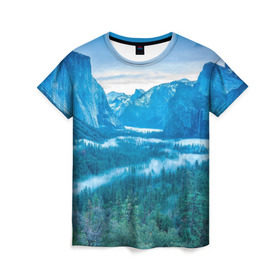 Женская футболка 3D с принтом Горный пейзаж в Петрозаводске, 100% полиэфир ( синтетическое хлопкоподобное полотно) | прямой крой, круглый вырез горловины, длина до линии бедер | горный хребет | горы | каньон | лес | пейзаж | речка | туман | ущелье