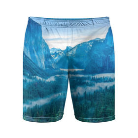 Мужские шорты 3D спортивные с принтом Горный пейзаж в Петрозаводске,  |  | горный хребет | горы | каньон | лес | пейзаж | речка | туман | ущелье