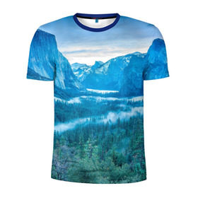 Мужская футболка 3D спортивная с принтом Горный пейзаж в Петрозаводске, 100% полиэстер с улучшенными характеристиками | приталенный силуэт, круглая горловина, широкие плечи, сужается к линии бедра | горный хребет | горы | каньон | лес | пейзаж | речка | туман | ущелье