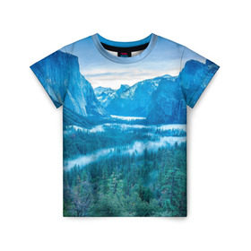 Детская футболка 3D с принтом Горный пейзаж в Петрозаводске, 100% гипоаллергенный полиэфир | прямой крой, круглый вырез горловины, длина до линии бедер, чуть спущенное плечо, ткань немного тянется | горный хребет | горы | каньон | лес | пейзаж | речка | туман | ущелье