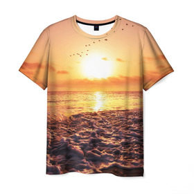 Мужская футболка 3D с принтом Закат в Петрозаводске, 100% полиэфир | прямой крой, круглый вырез горловины, длина до линии бедер | sunset | жара | закат | зной | косяк | лето | море | облака | океан | отдых | пена | песок | пляж | прибой | прилив | рассвет | солнце | стая птиц
