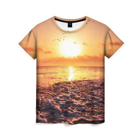 Женская футболка 3D с принтом Закат в Петрозаводске, 100% полиэфир ( синтетическое хлопкоподобное полотно) | прямой крой, круглый вырез горловины, длина до линии бедер | sunset | жара | закат | зной | косяк | лето | море | облака | океан | отдых | пена | песок | пляж | прибой | прилив | рассвет | солнце | стая птиц