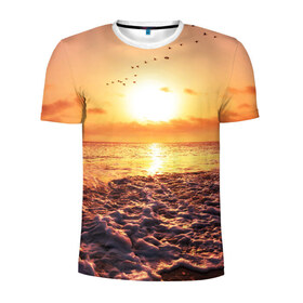 Мужская футболка 3D спортивная с принтом Закат в Петрозаводске, 100% полиэстер с улучшенными характеристиками | приталенный силуэт, круглая горловина, широкие плечи, сужается к линии бедра | sunset | жара | закат | зной | косяк | лето | море | облака | океан | отдых | пена | песок | пляж | прибой | прилив | рассвет | солнце | стая птиц