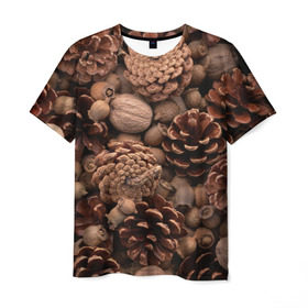Мужская футболка 3D с принтом Шишки и орешки в Петрозаводске, 100% полиэфир | прямой крой, круглый вырез горловины, длина до линии бедер | дуб | ёлка | ель | жёлудь | иголки | кедр | лес | орех | орешки | осень | сосна | шишки