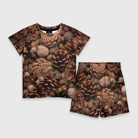 Детский костюм с шортами 3D с принтом Шишки и орешки в Петрозаводске,  |  | дуб | ёлка | ель | жёлудь | иголки | кедр | лес | орех | орешки | осень | сосна | шишки