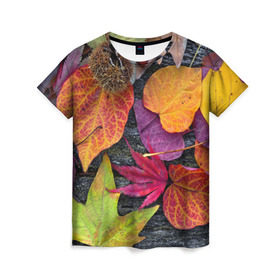 Женская футболка 3D с принтом Дары осени в Петрозаводске, 100% полиэфир ( синтетическое хлопкоподобное полотно) | прямой крой, круглый вырез горловины, длина до линии бедер | жёлтый | золотой | красный | листва | листья | наряд | осень